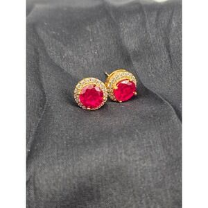 Ross-Simons Stud Earrings Women OS Red Excellent Gold Over Silver Ruby Halo‎